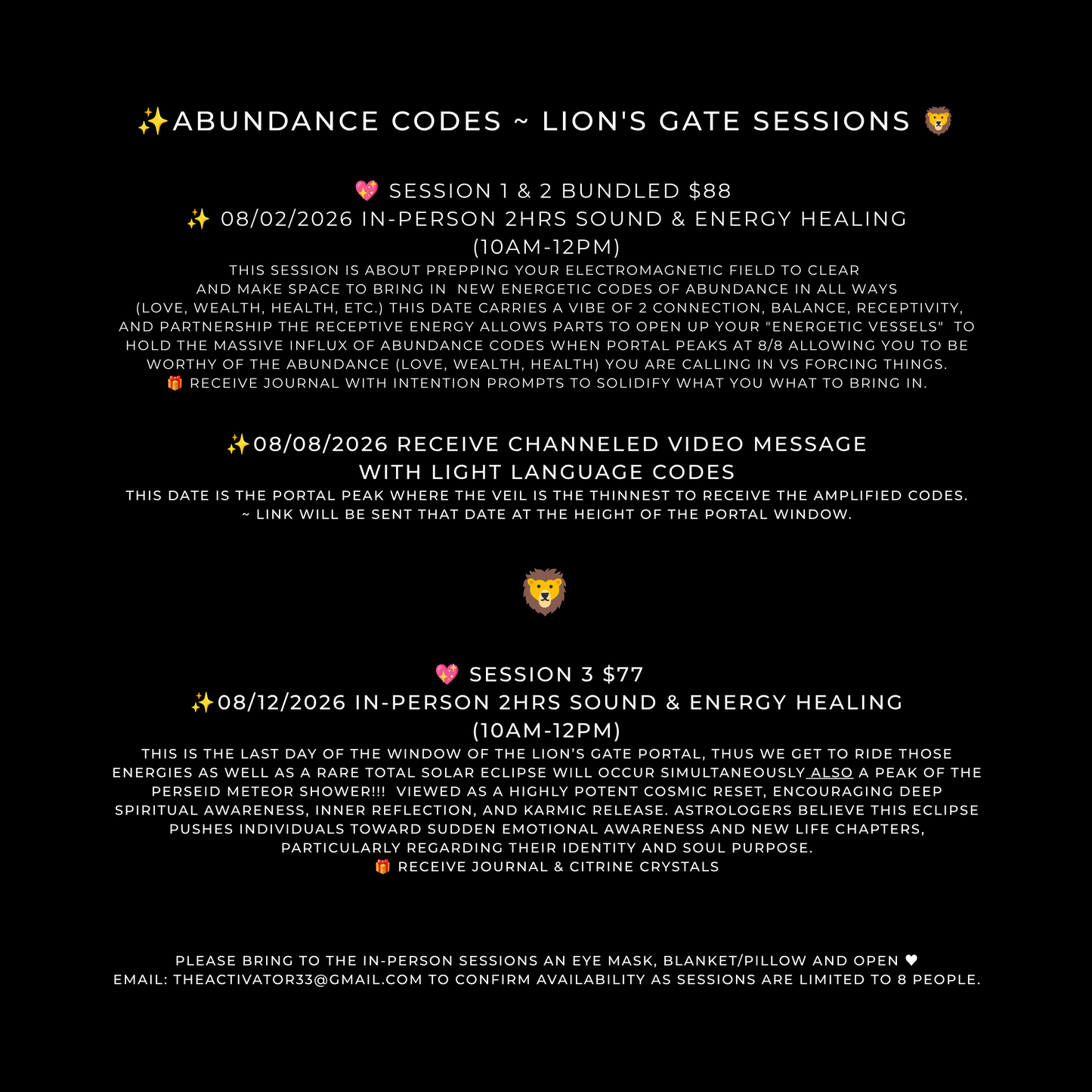 08/12/2026 - Aug 12 - In-Person 1 hr ~ ✨Abundance ✨ Lions Gate/New Moon Solar Eclipse Event ✨